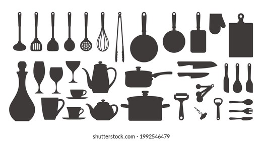 Simple silhouette illustrations of cooking utensils and tableware.