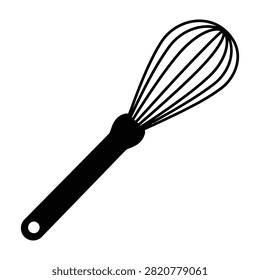 Simple silhouette of a kitchen whisk with handle and wire tines for mixing and blending ingredients