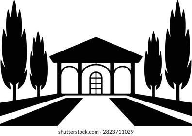 Simple silhouette of large building with arched entrance, surrounded by tall cypress trees and path, vector illustration.