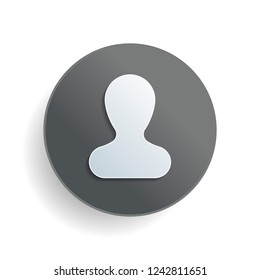Simple silhouette of man. White paper symbol on gray round button or badge with shadow