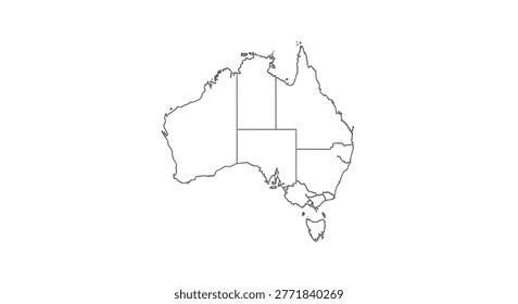 A simple silhouette of the map of Australia, depicted as a clean outline on a white background. The image showcases the country's continental shape and includes Tasmania.