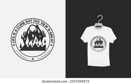 simple silhouette mountain t-shirt, A black and white illustration of a mountain, Typography T-Shirt Design, Mountain graphic t-shirt design vector, Travel T shirt Design, Camping t shirt design,