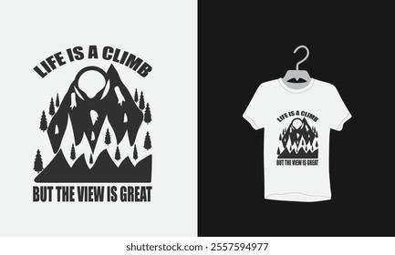 simple silhouette mountain t-shirt, A black and white illustration of a mountain, Typography T-Shirt Design, Mountain graphic t-shirt design vector, Travel T shirt Design, Camping t shirt design,