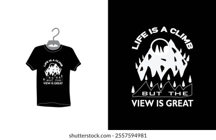 simple silhouette mountain t-shirt, A black and white illustration of a mountain, Typography T-Shirt Design, Mountain graphic t-shirt design vector, Travel T shirt Design, Camping t shirt design,