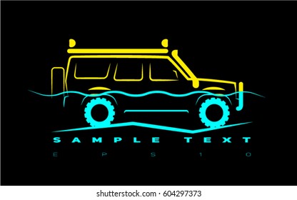 simple silhouette of an off-road car on half in water