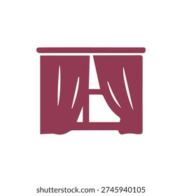Simple silhouette of open drapes on a window frame. The dark red color adds a classic touch to this versatile home furnishing and decoration symbol.