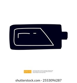 A simple silhouette of a rectangular object resembling a car side mirror, emphasizing its shape and design.