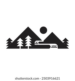 simple silhouette of a river flowing between mountains logo vector