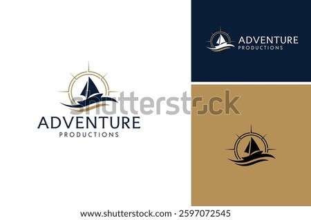 Simple Silhouette of Sail Boat Ship with Compass and Sea Ocean Wave for Travel Transport Nautical logo design