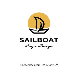 Einfache Silhouette Segelboot Blatt Sonne Sonnenaufgang Trip Logo Design Vorlage Illustration Inspiration