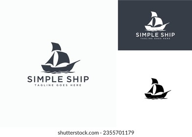 Simple Silhouette of Sails Ship on the Ocean. Sea Wave with Boat for Sailing Transportation or Nautical Logo Design