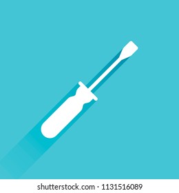 Simple silhouette of screwdriver. Gray icon with long shadow in bottom left corner on blue background
