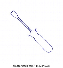Simple silhouette of screwdriver. Hand drawn picture on paper sheet. Blue ink, outline sketch style. Doodle on checkered background
