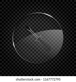 Simple silhouette of screwdriver. Icon in circle glass bubble on dark transparent grid. Glass style