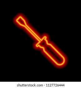Simple silhouette of screwdriver. Orange neon style on black background. Light icon