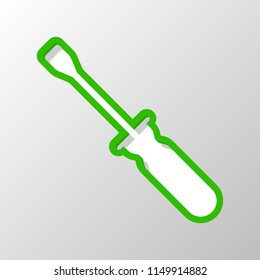 Simple silhouette of screwdriver. Paper style. Cut symbol with green bold contour on shape and simple shadow