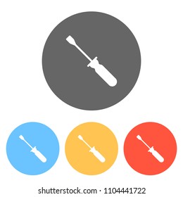 Simple silhouette of screwdriver. Set of white icons on colored circles