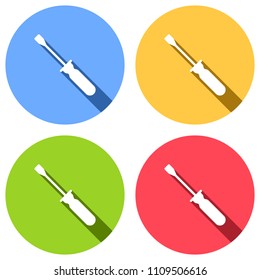 Simple silhouette of screwdriver. Set of white icons with long shadow on blue, orange, green and red colored circles. Sticker style