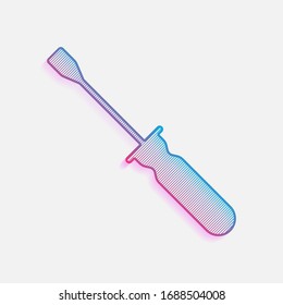 Simple silhouette of screwdriver. Technology logo with diagonal lines and colored gradient. Neon graphic, light effect. Blue and red colors