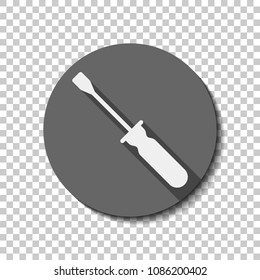 Simple silhouette of screwdriver. White flat icon with long shadow in circle on transparent background. Badge or sticker style