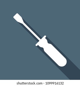 Simple silhouette of screwdriver. White flat icon with long shadow on background