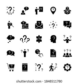 Simple silhouette set of question related vector icons. Contains icons such as problem, task, puzzle, doubt, question mark and more. Collection symbols of questions for the web and mobile.