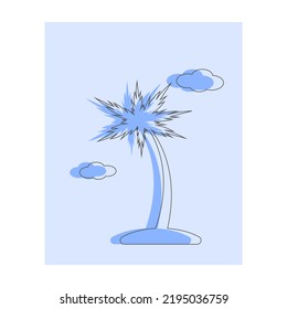 Sencilla silueta sombra de un icono de palmera con líneas aisladas con nubes sobre fondo azul. Ilustración vectorial plana