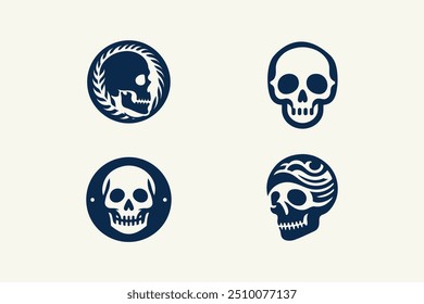 Conjunto de fondo blanco de diseño de logotipo de calavera de silueta simple.