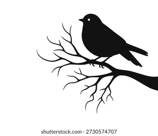 A simple silhouette of a small bird perched on a bare tree branch against a white background, representing nature and wildlife