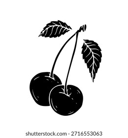 Silueta simple, sello de una cereza de verano con hojas. Gráficos de Vector.