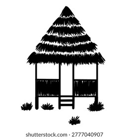 Simple silhouette of  traditional hut with thatched roof. Design for logo or icon, with  rural, tropical, or cultural heritage theme.