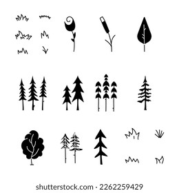 Simple silhouette tree icons collection. Line art trees. Stock vector linear nature symbols set.