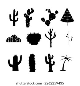 Simple silhouette tree icons collection. Line art trees. Stock vector linear nature symbols set for logo creation