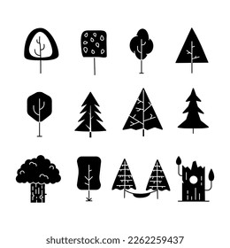 Simple silhouette tree icons collection. Line art trees. Stock vector linear symbols set.