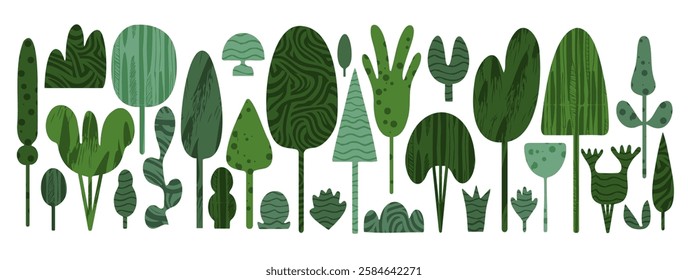 Simple silhouette of a tree with leaves and shrubs flat vector illustration. Abstract, eco-friendly landscape. Collage of foliage elements, plants and bushes, organic nature-themed decoration