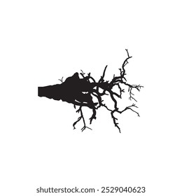 Simple silhouette of a twisted tree branch with bare twigs, isolated on a white background, minimalistic nature design.