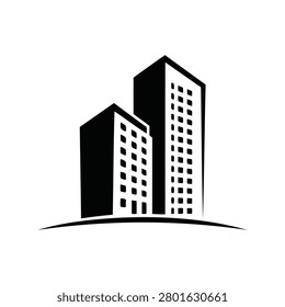 Simple silhouette of two modern city skyscrapers standing tall urban landscape icon