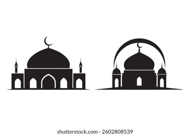 Simple Silhouette of Two Mosques against White Background  Two stylized, black silhouette illustrations of mosques on a plain white background.