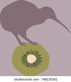 Simple Silhouette Vector Illustration of Kiwi flightless bird and fruit