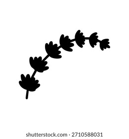 Simple silhouette vector illustration of a stylized lavender sprig or thyme stem with small uniform leaves, nature graphic.