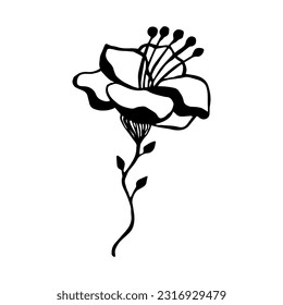 Simple silhouette of wild rose flower with stamens. Drawn by hand, doodle style, black silhouette on a white background