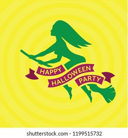 A simple silhouette of a witch flying on a broom in a logo format with a ribbon of congratulations. Vector halloween illustration for holiday card or congratulations.