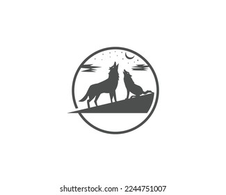 Simple Silhouette Of Wolf Howling at The Moon Logo Design Vector Illustration Concept.