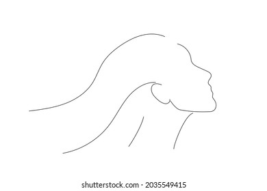 A simple silhouette of a woman with long hair. Black outline on white. Portrait line art style. Vector illustration