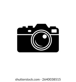 A simple, silhouetted image of a black camera with its lens, set against a white background. This graphic representation is ideal for illustrating photography concepts.