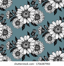 simple silhouettes bouquet of daisies black and white on a dark background pattern