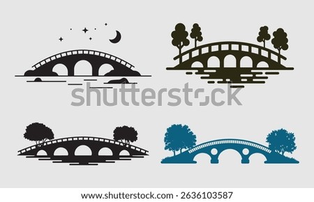 Simple silhouettes of bridges over water with trees, evoking serene landscapes.