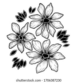 simple silhouettes of daisies black and white on a dark background pattern
