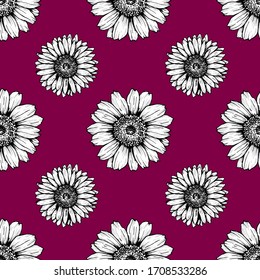 simple silhouettes of daisies black and white on a dark background pattern