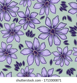 simple silhouettes of daisies black and white and purple on a green background pattern